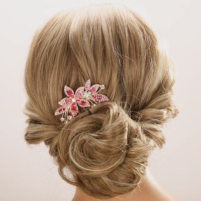 Aimimier Bridal Wedding Pink Crystal Hair Comb Flower Leaf Rhinestone Gem Side Combs Decorative Hair Pins Fashion Hair Accessories for Brides Bridesmaid(Pink)