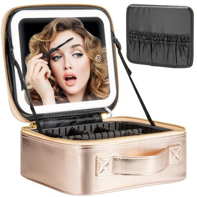 Extrei Gent Makeup Travel Train Case with Mirror LED Light 3 Adjustable Brightness Large Cosmetic Bag Portable Storage Adjustable Partition Waterproof Make up Brushes Makeup Jewelry Gift for Women
