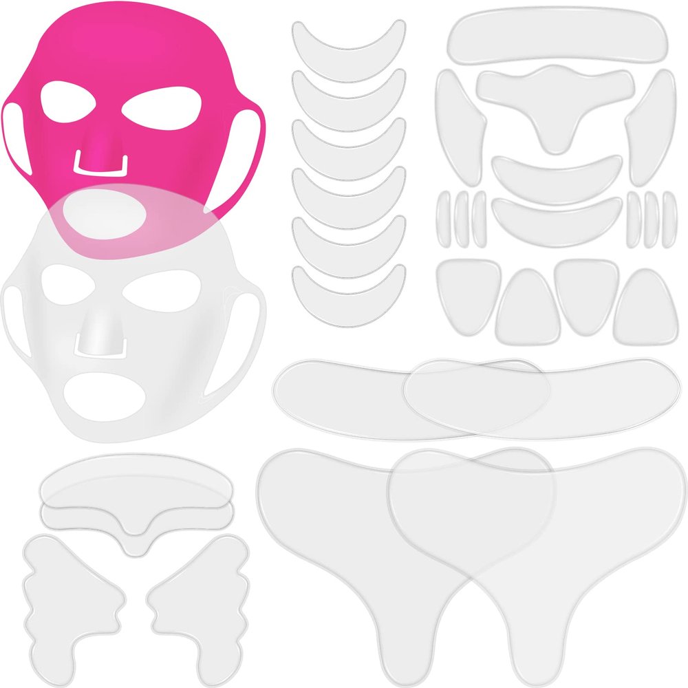 Maitys 32 Pcs Facial Chest Neck Silicone Pad Reusable Face Forehead Patches Facial Sleeping Mask Cover for Smoothing Chest Neck Forehead Eye Mouth (Rose Pink,Clear)