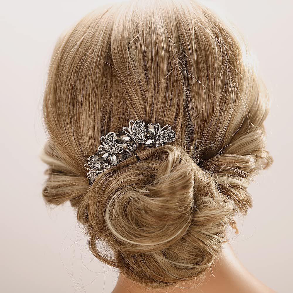 Aimimier Butterfly Rhinestone French Hair Combs Dainty Crystal Hair Pieces Wedding Long Teeth Hair Pins Luxury Bridal Hair Accessories for Women and Girls(Gray)