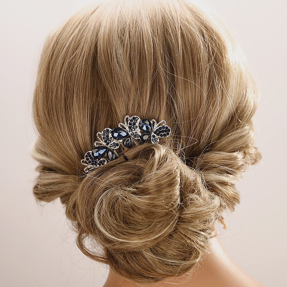 Aimimier Bridal Wedding Butterfly Crystal Hair Combs Decorative Rhinestone Headpieces Hair Clips Bride and Bridesmaids Hair Accessories for Women Girls(Blue)