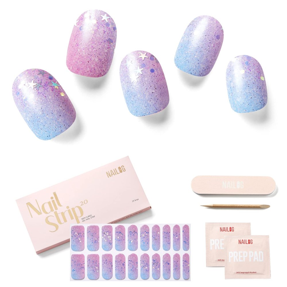 NAILOG Semi Cured Gel Nail Strips 20 Pcs | Buy 2 Get 1 UV Lamp | Extra Long Nail Wraps with Glossy Finishing | Star Kisses