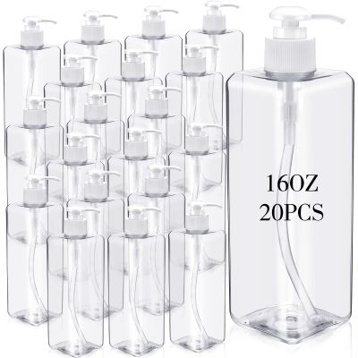 20 Pack 16oz/ 500ml Plastic Empty Bottles Refillable Shampoo Containers with Pump Lightweight Square Soap Dispenser Bottles for Essential Lotions, Shampoos, Conditioner, Massage Oil (Clear, White)