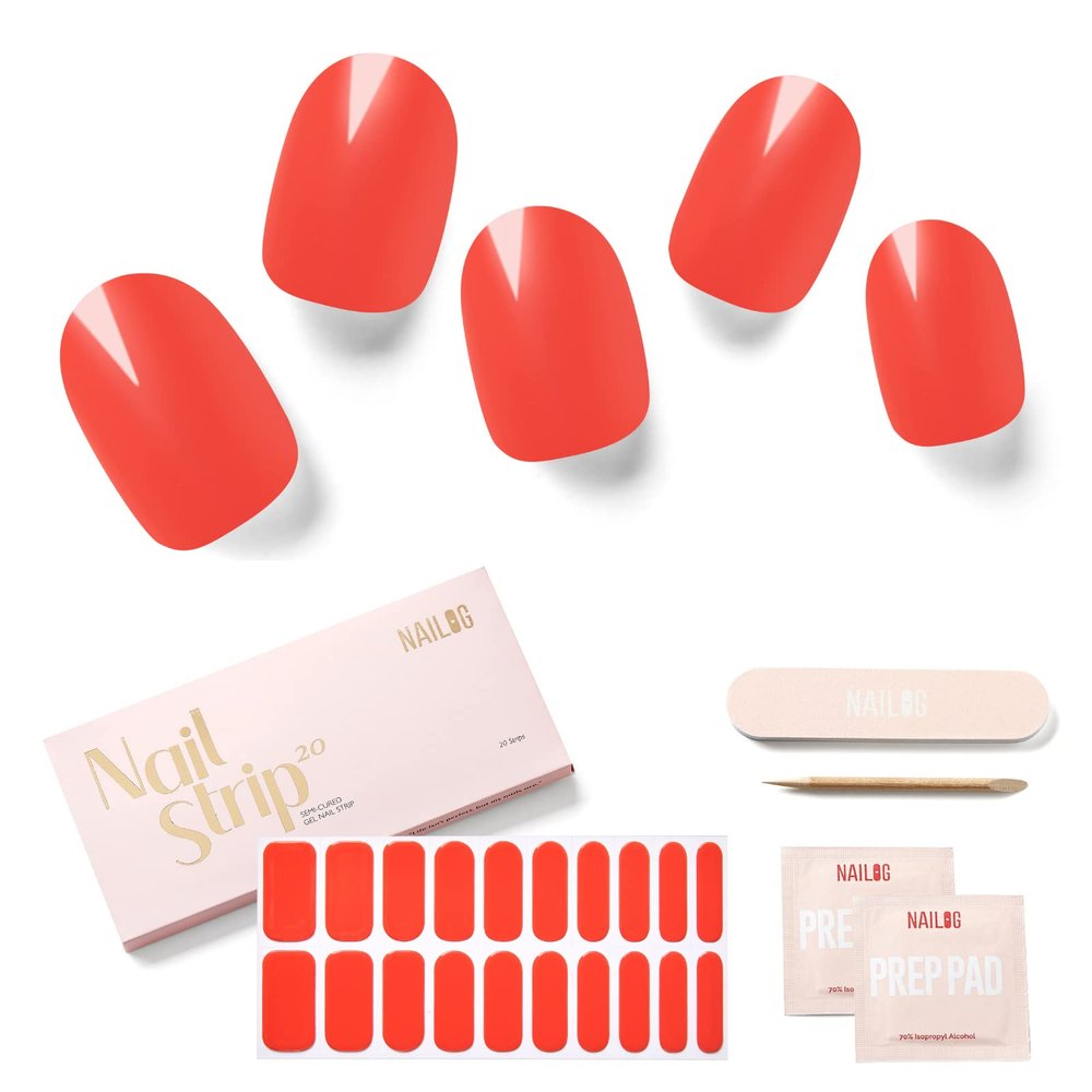 NAILOG Semi Cured Gel Nail Strips, 20Pcs Long Lasting Stickers, Salon Quality Easy Apply & Remove Works with Any UV/LED Nail Lamps, Watermelon Red