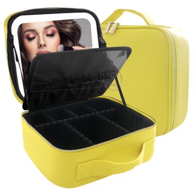 MOMIRA Travel Makeup Bag Cosmetic Bag Makeup Organizer Bag with Lighted Mirror, Adjustable Brightness in 3 Color Scenarios, Waterproof Makeup Train Case, Gift for Women - Yellow
