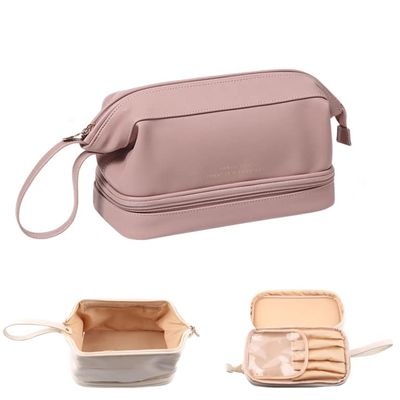 Makeup Bag,Double Layer Cosmetic Bag, Large Capacity Travel Leather Waterproof Cosmetic Bag, Portable Toiletry Bag for Women and Girls (Pink)