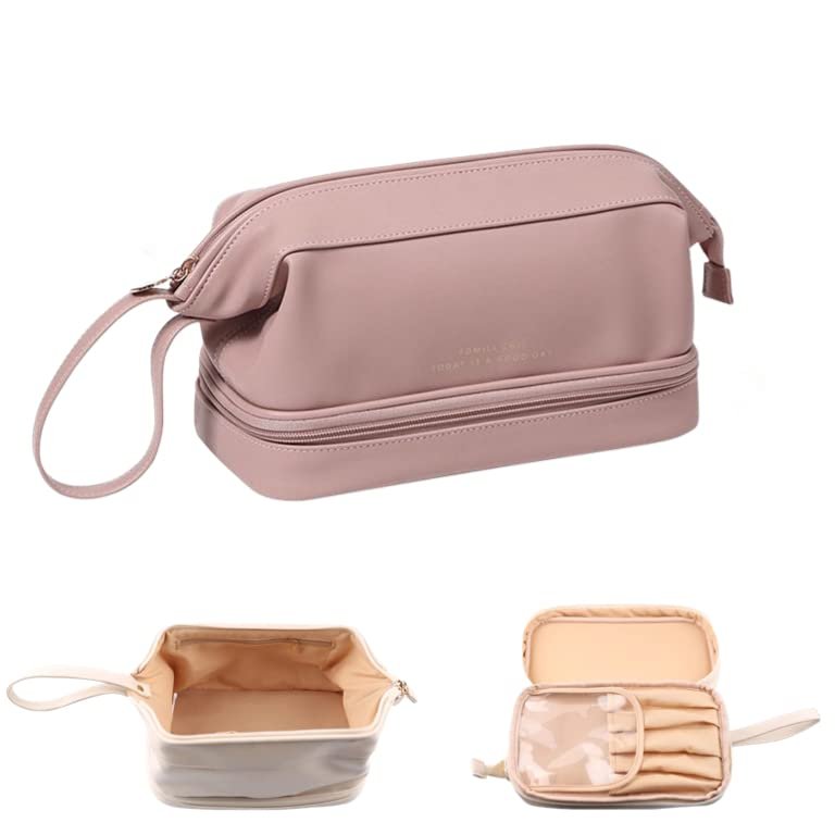 Makeup Bag,Double Layer Cosmetic Bag, Large Capacity Travel Leather Waterproof Cosmetic Bag, Portable Toiletry Bag for Women and Girls (Pink)