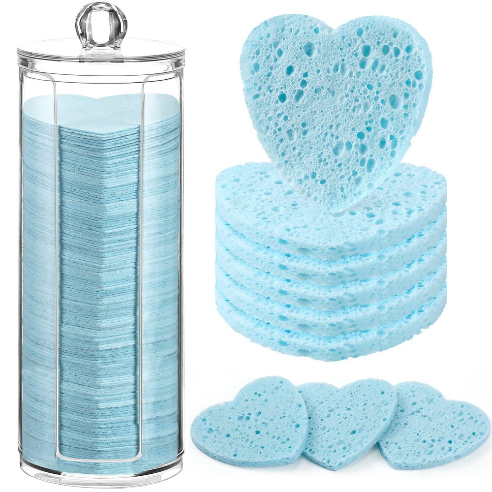 Sieral 120 Pcs Compressed Facial Sponges with Container Disposable Face Sponge Pads for Washing Face Cleansing Exfoliating Esthetician Makeup Removal(Heart,Light Blue)