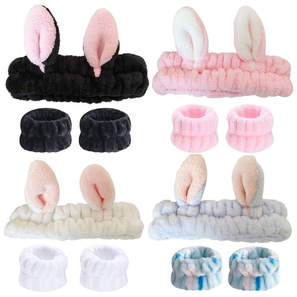 12PCS Spa Headband and Wrist Towels for Face Washing Set Hair Band Soft Microfiber Makeup Headband for Women Girls Elastic Rabbit Ears Headbands with Highly Absorbent Wristbands for Washing Face