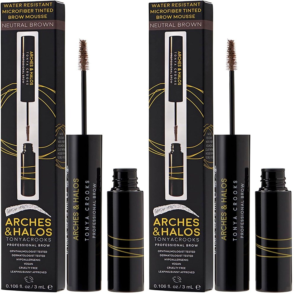 Arches & Halos Microfiber Tinted Brow Mousse - Shape and Define - For Full, Fluffy, Natural Looking Brows - Vegan and Cruelty Free Makeup - Neutral Brown, 0.106 oz (Pack of 2)