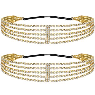 ANCIRS 2 Pack Multi Layered Elastic Headband for Women, Adjustable Rhinestone Bridal Headpieces, Stretchy Crystal Jewelry Hair Bands Accessories for Girls- Gold