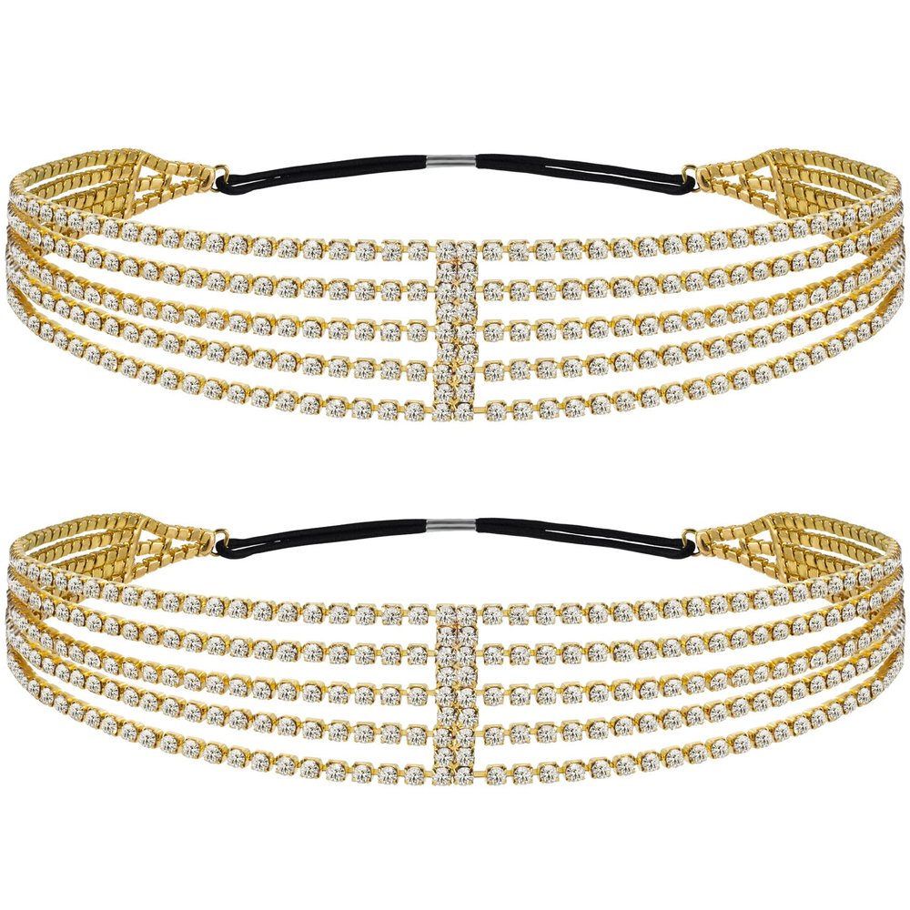 ANCIRS 2 Pack Multi Layered Elastic Headband for Women, Adjustable Rhinestone Bridal Headpieces, Stretchy Crystal Jewelry Hair Bands Accessories for Girls- Gold