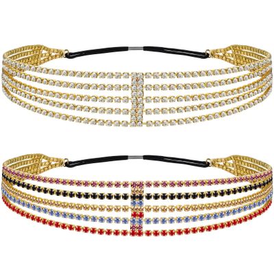 ANCIRS 2 Pack Multi Layered Elastic Headband for Women, Adjustable Rhinestone Bridal Headpieces, Stretchy Crystal Jewelry Hair Bands Accessories for Girls