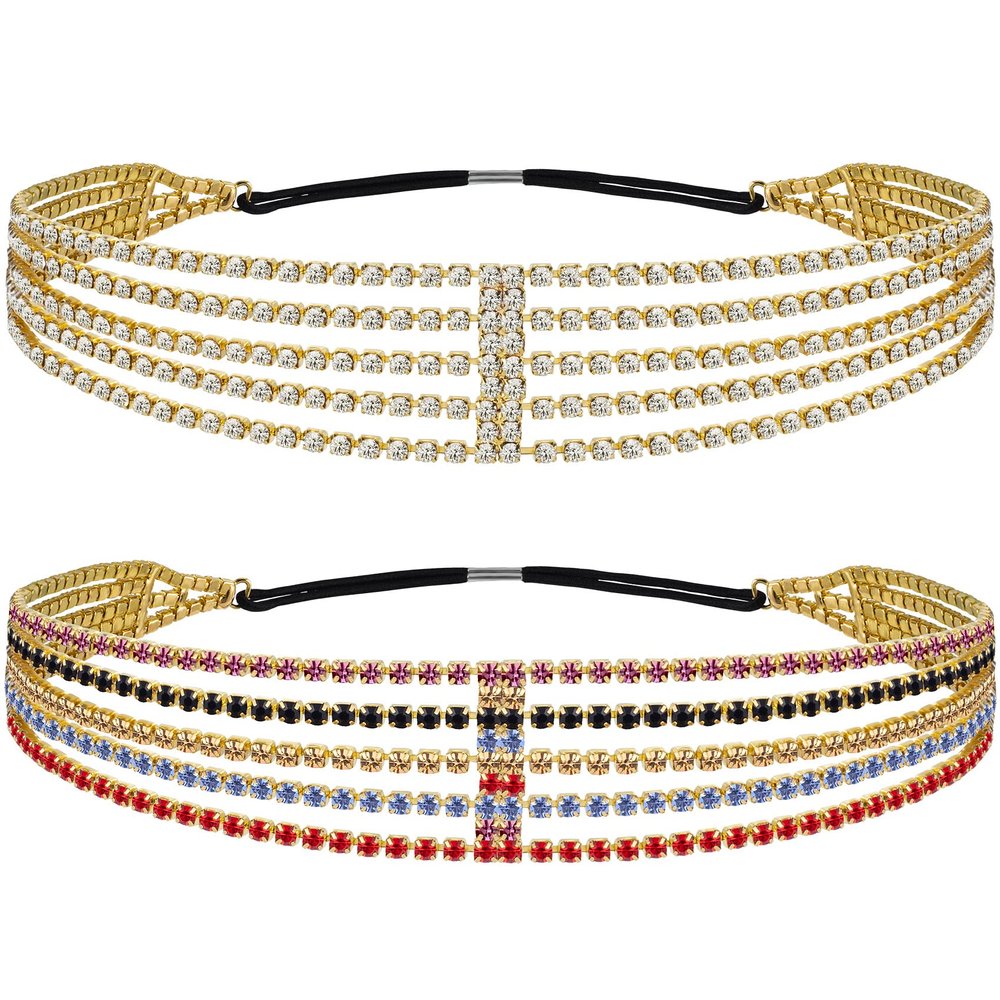 ANCIRS 2 Pack Multi Layered Elastic Headband for Women, Adjustable Rhinestone Bridal Headpieces, Stretchy Crystal Jewelry Hair Bands Accessories for Girls