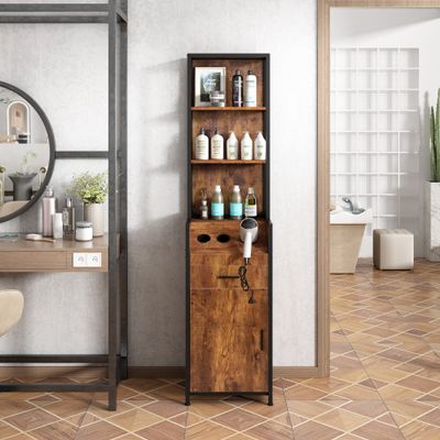 RESHABLE Industrial Style Hair Salon Station, Beauty Equipment Station for Hair Stylists, Spas & Barbers, Storage Cabinet with 3 Hair Dryer Holes and Lockable Drawers, Rustic Brown