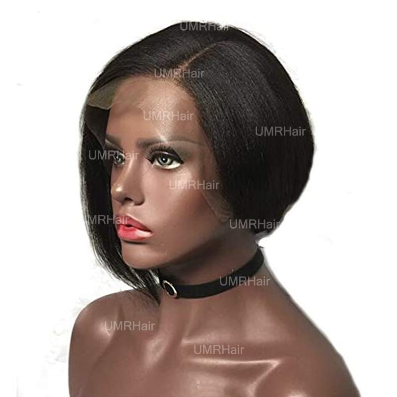 10inch Italian Yaki Short Bob Lace front Human Hair Wigs Pixie Cut Pre Plucked Yaki Straight 150% Density Short Bob Wig remy Brazilian Hair Wigs