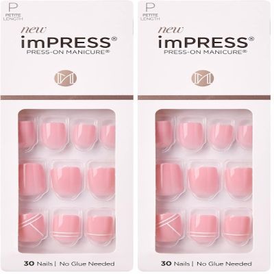 KISS imPRESS Press-On Nails Petite Length Glue On Nails Manicure Set, Timeless Day, 30 Chip-Proof, Smudge-Proof Fake Nails (Pack of 2)