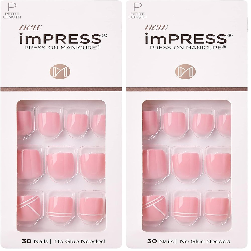 KISS imPRESS Press-On Nails Petite Length Glue On Nails Manicure Set, Timeless Day, 30 Chip-Proof, Smudge-Proof Fake Nails (Pack of 2)