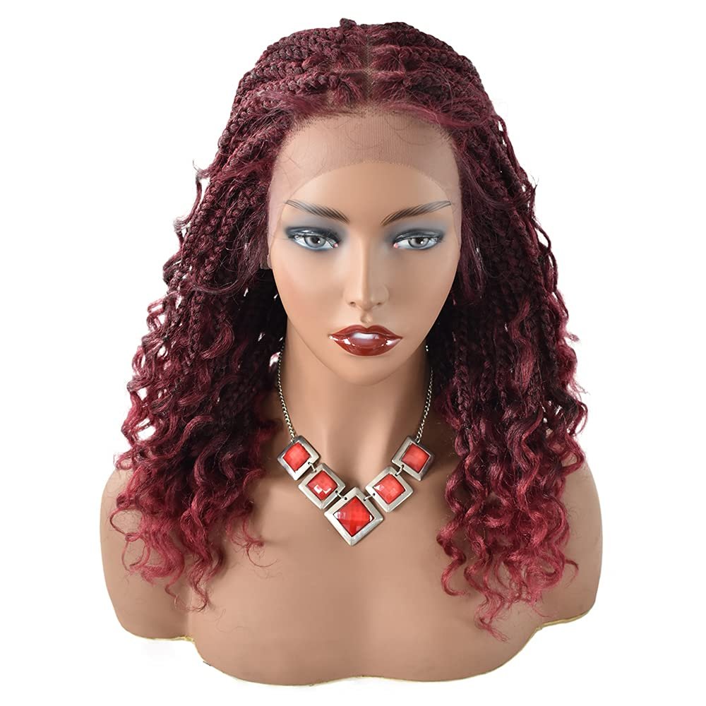 Box Braided wigs Swiss Lace Front Wigs for Black Women Quality Synthetic Fiber Hand-Braided with Baby Hair Natural Hairline Micro Twist Cornrow Wigs (#T1B/BUG Black Mix Red)