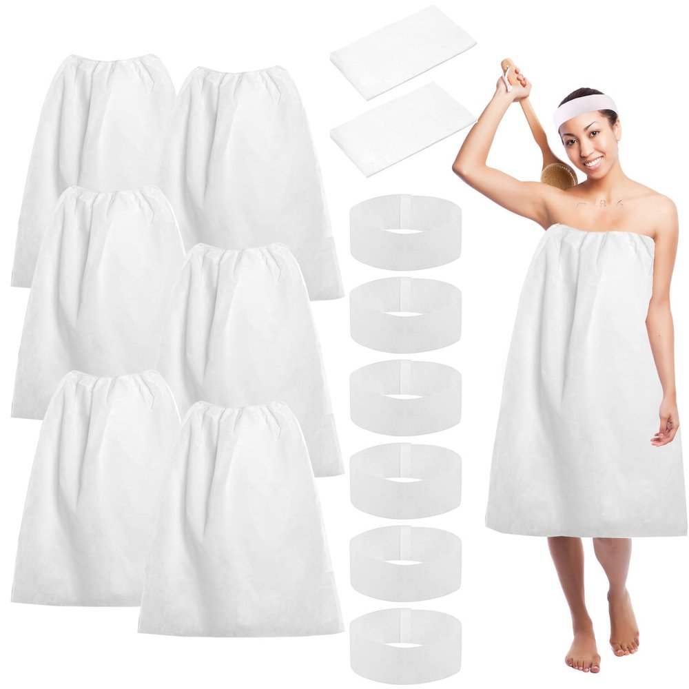 20PCS Disposable Spa Wrap With Facial Headbands - 10 Non-Woven Bathrobe and 10 Elastic Head Wraps - Skin Care Hair Band With Convenient Closure for Women Girls Salons (White)