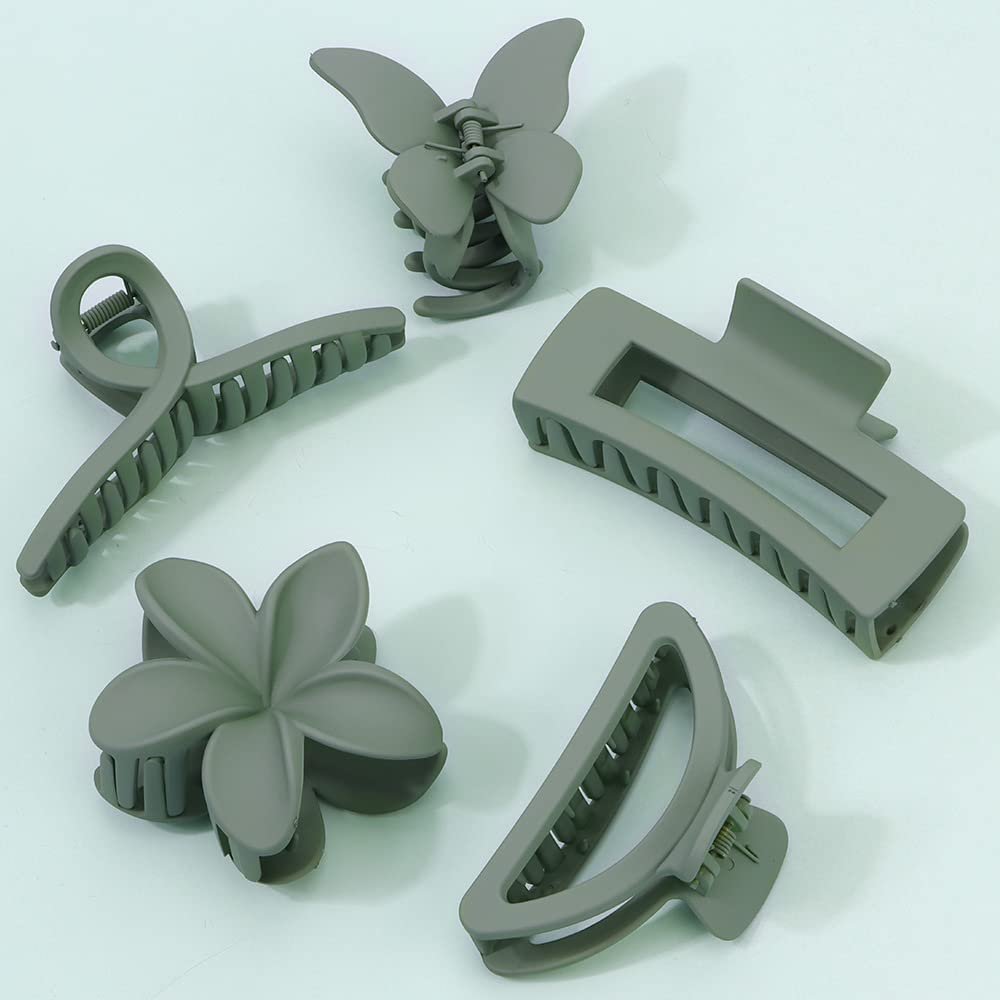 Ahoney 5 Pack Large Claw Hair Clips: Thick Hair Butterfly Flower Banana Clamps, Strong Hold Non-Slip Hair Accessories for Women (Green)