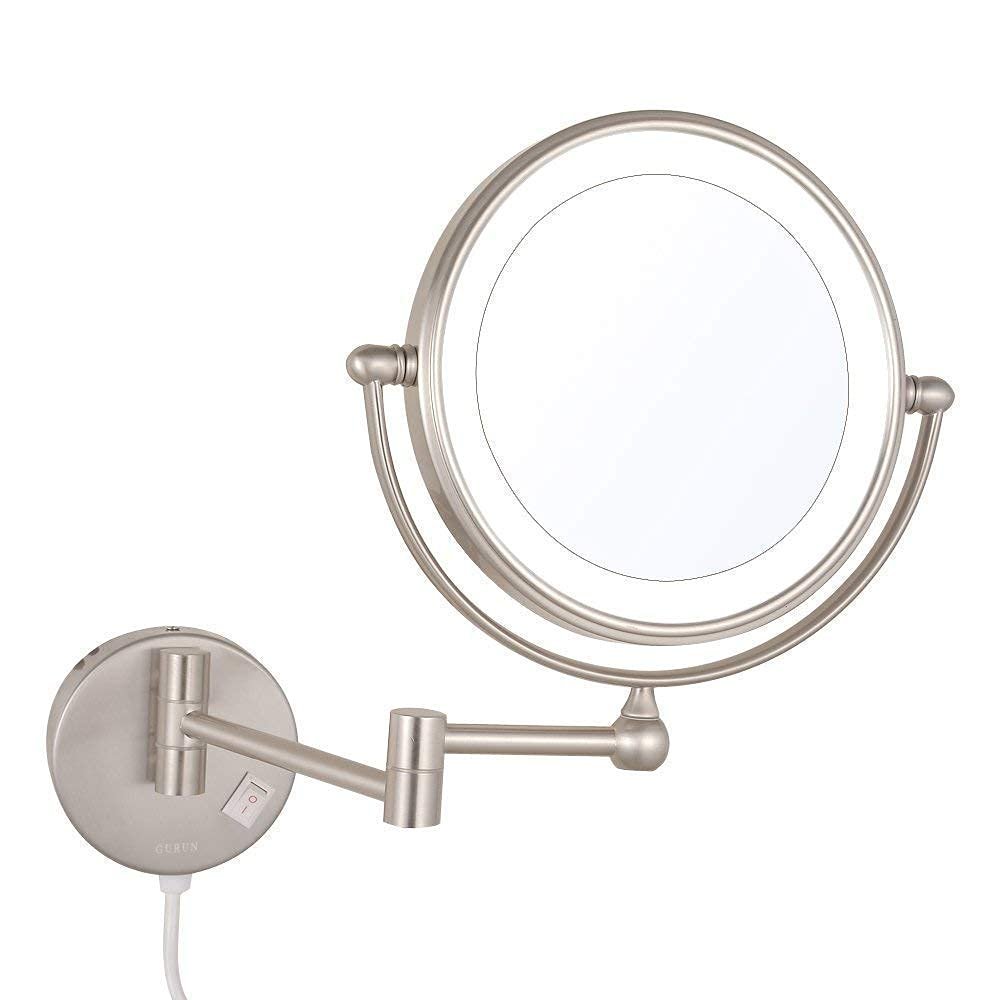 Wall Mounted LED Lighted Makeup Mirror, 8 inch Nickel Double Sided Brass Vanity Extendable Bathroom Mirror with Magnification, with Switch and Plug (Color : 3X)