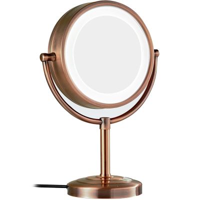 KEYQEEN LED Standing Makeup Mirrors with Light and Magnification, Lighted Double Sided Vanity Mirror, 360 Swivel Tabletop Shaving Mirrors,Red bronze,3X