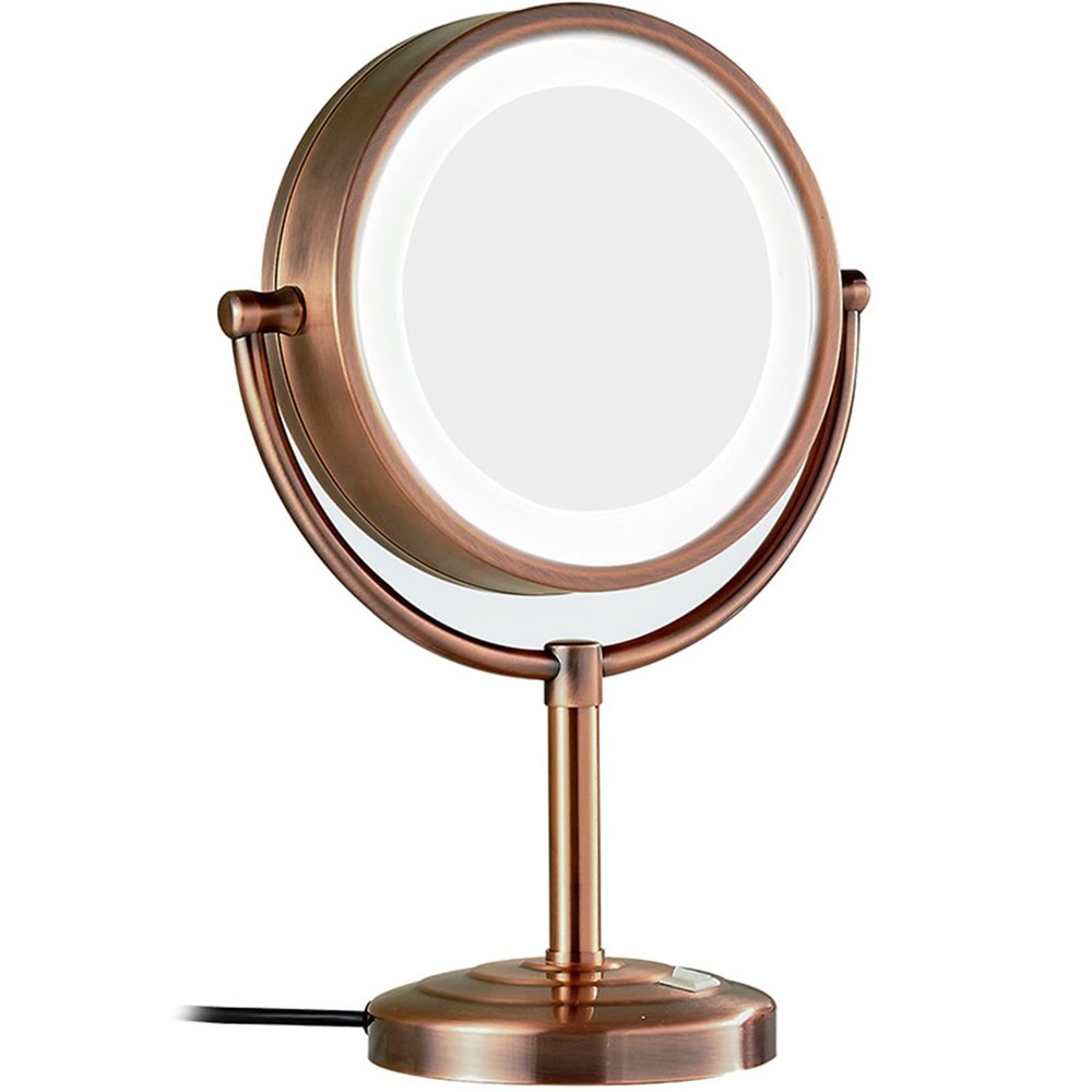 KEYQEEN LED Standing Makeup Mirrors with Light and Magnification, Lighted Double Sided Vanity Mirror, 360 Swivel Tabletop Shaving Mirrors,Red bronze,3X