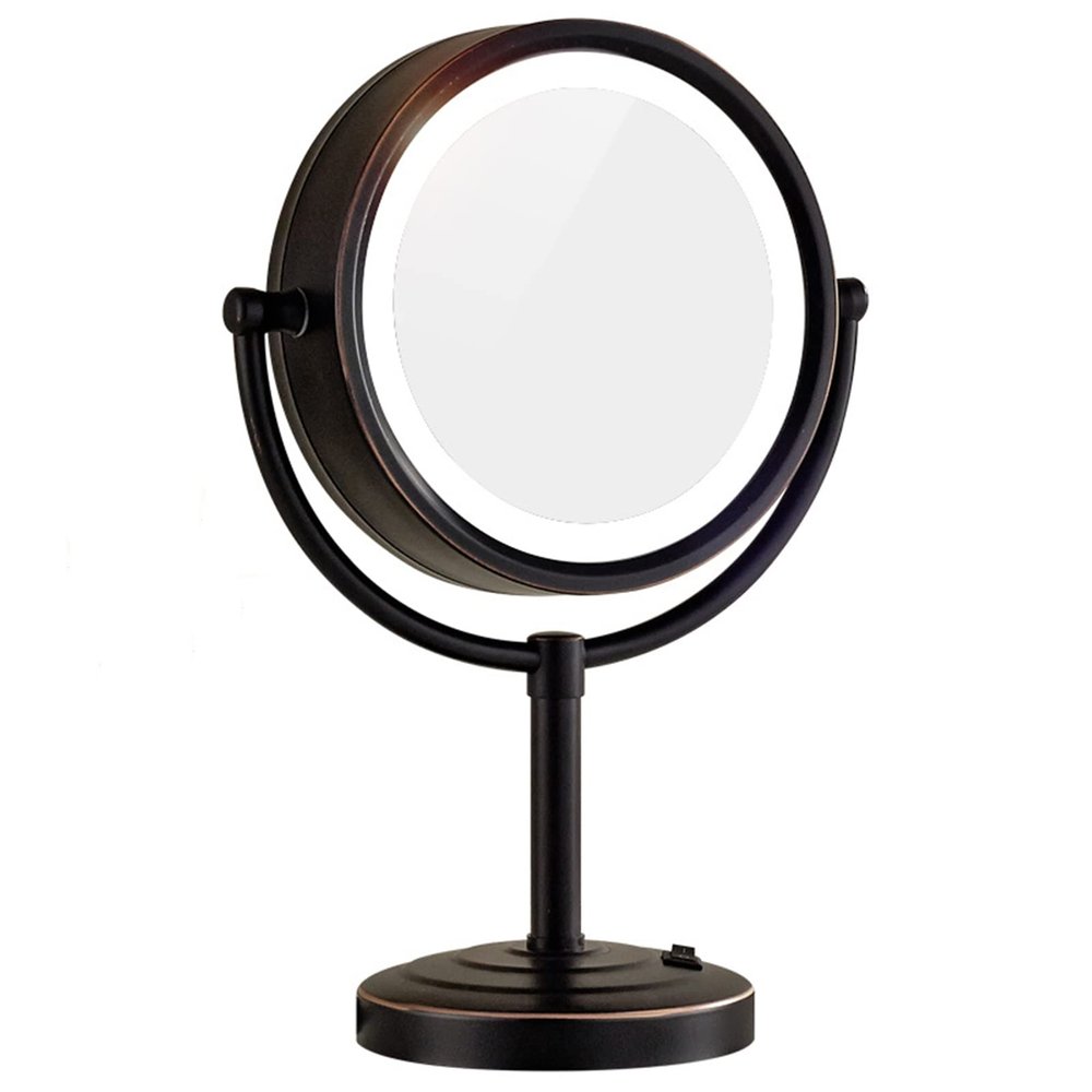 KEYQEEN LED Standing Makeup Mirrors with Light and Magnification, Black Lighted Double Sided Vanity Mirror, Swivel Tabletop Shaving Mirrors,7X