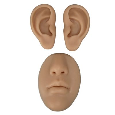 Silicone Ear Model for Beauty Salon, Simulated 3D Nose and Mouth Model for Piercing Practice, Reusable Prop Teaching Tool for Novice, Ear Studs Display with Exquisite Workmanship(Dark Skin Color)