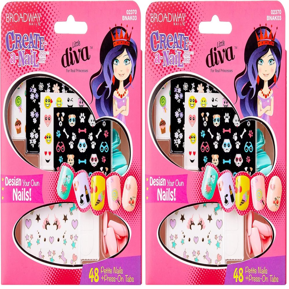 KISS Broadway Little Diva Nail Art Kit, Safe On Natural Nails, Mom Approved, Over 250 Nail Stickers, 48 Ready-To-Wear Petite Fake Nails & 48 Press-On Adhesive Tabs (Pack of 2)