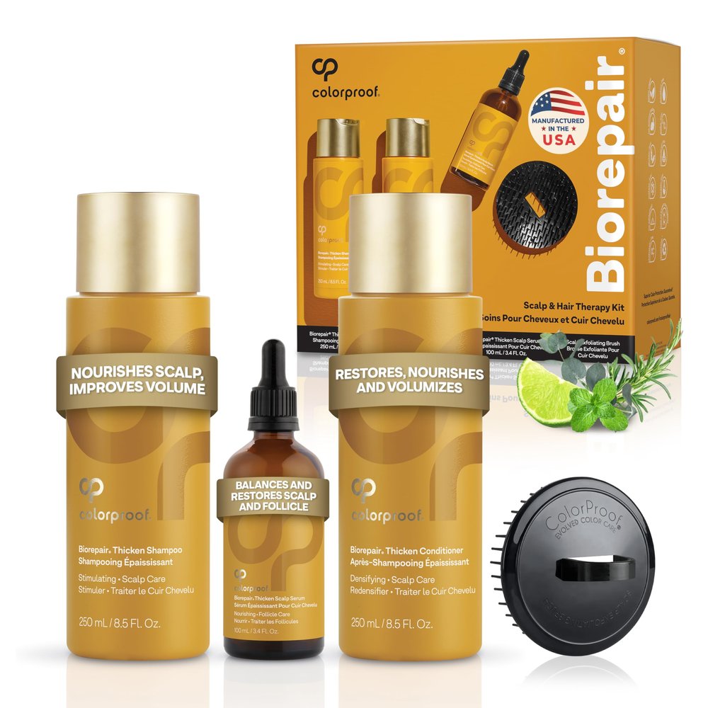 Colorproof Biorepair Thicken Scalp & Hair Therapy Kit  Includes Shampoo (8.5 Fl. Oz.) and Conditioner (8.5 Fl. Oz.) Scalp Serum (3.4 Fl. Oz.) with Exfoliating Scalp Brush for Thinning Hair