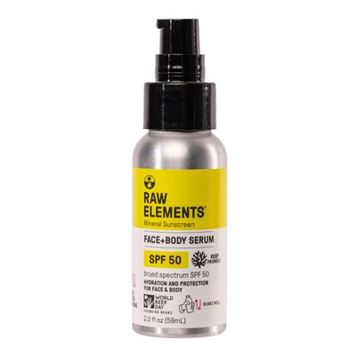 Raw Elements Face + Body Serum SPF 50 All-Natural Mineral Sunscreen - Reef Safe, Water Resistant, Broad Spectrum UVA/UVB Protection, Safe For All Ages, Travel Size 2oz