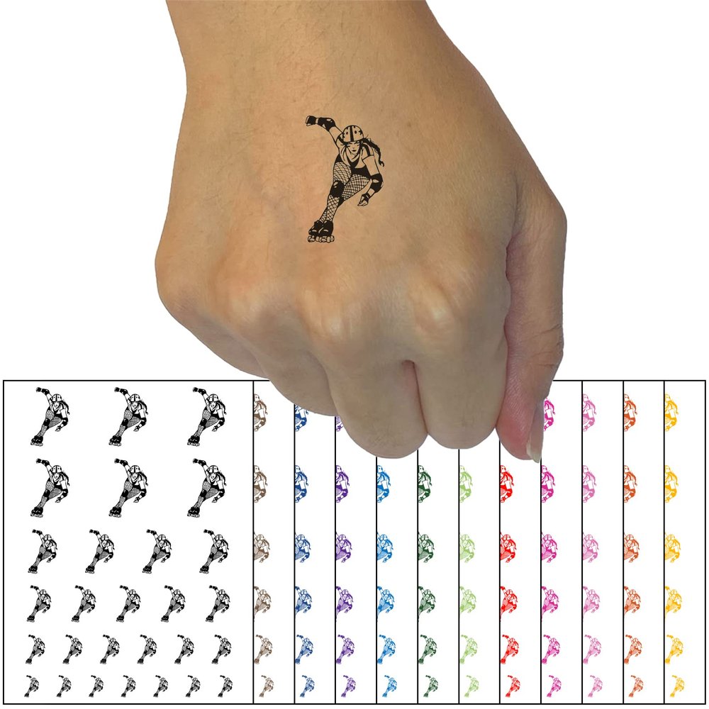 Roller Derby Girl Skates Skater Temporary Tattoo Water Resistant Fake Body Art Set Collection - Dark Green (One Sheet)