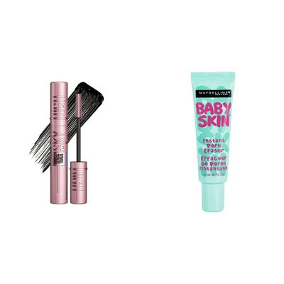Maybelline Sky High Mascara Waterproof Very Black and Baby Skin Primer Bundle with Garnier Micellar Water and Eco Pads