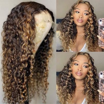 180% Density Ombre blonde 1B/4/27 Color Curly 360 HD Invisible Lace Human Hair Wigs for Black Women Deep Wave Wigs with Highlight 360 HD Lace Frontal Wigs Human Hair Pre Plucked Bleached Knots 18"
