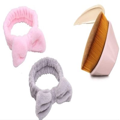 2 Pack Spa Headband, Facial Makeup Bow Head band for Women Girls Washing Face Skincare Shower Fluffy Towel Headbands, Soft Microfiber Coral Fleece Face Mask Hair Band (Pink & Gray) Plus Makeup Brush Flat Top Hexagon Face Blush Liquid Powder Foundatio