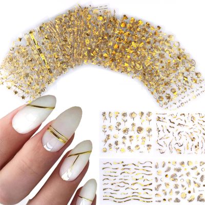 30 Sheets Gold Nail Stickers - Self-Adhesive 3D Flower Design Nail Decals for DIY Nail Art for Acrylic Nails