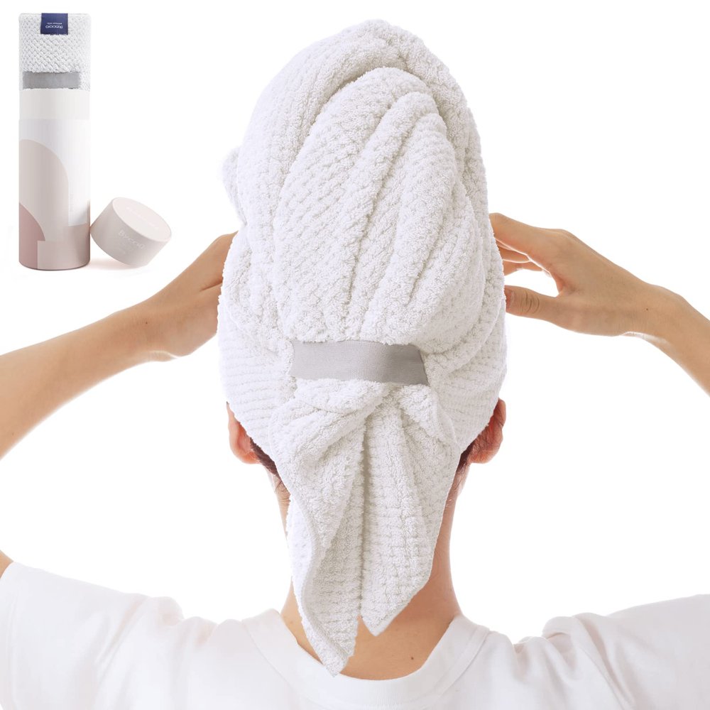 BYCOO Large Microfiber Hair Towel Wrap for Women, Anti Frizz Drying Towel, Fast Dry Turban Wet Hair, Long, Thick, Curly Super Absorbent Soft Towels - White
