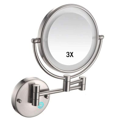 ROWITA Makeup Mirror Wall Mounted, Round Make Up Mirror with 3X Magnifying Mirror 360 Rotation USB Rechargeable,for Makeup (Color : Nickel Brushed)
