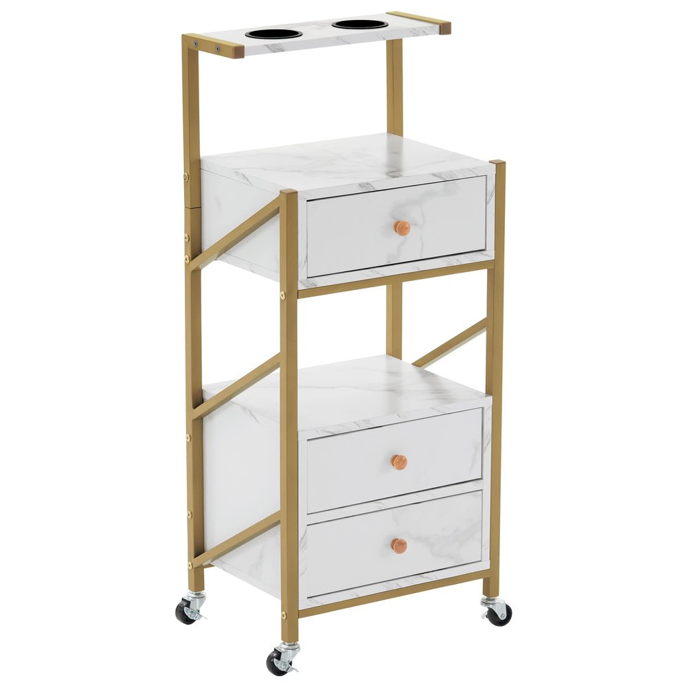BarberPub Salon Trolley Cart with Wheels Rolling Cart Barber Station with Drawers Marbled Board for Beauty Salon Makeup Storage with 2 Hair Dryer Holders 2042 (White)