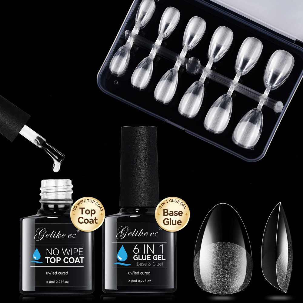 gelike ec 120PCS Extra Short Almond Soft Gel Nail Tips and 6 in 1 Nail Glue Base Gel Top Coat Set - Brush On Nail Glue for Acrylic Nails Tips