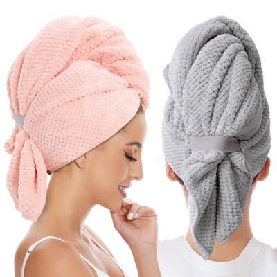 BYCOO 2 Pack Large Microfiber Hair Towel Wrap for Women, Anti Frizz Hair Drying Towels, Fast Dry Hair Turban - for Wet, Long, Thick, Curly Hair - Super Absorbent Soft Towels - Gray & Pink