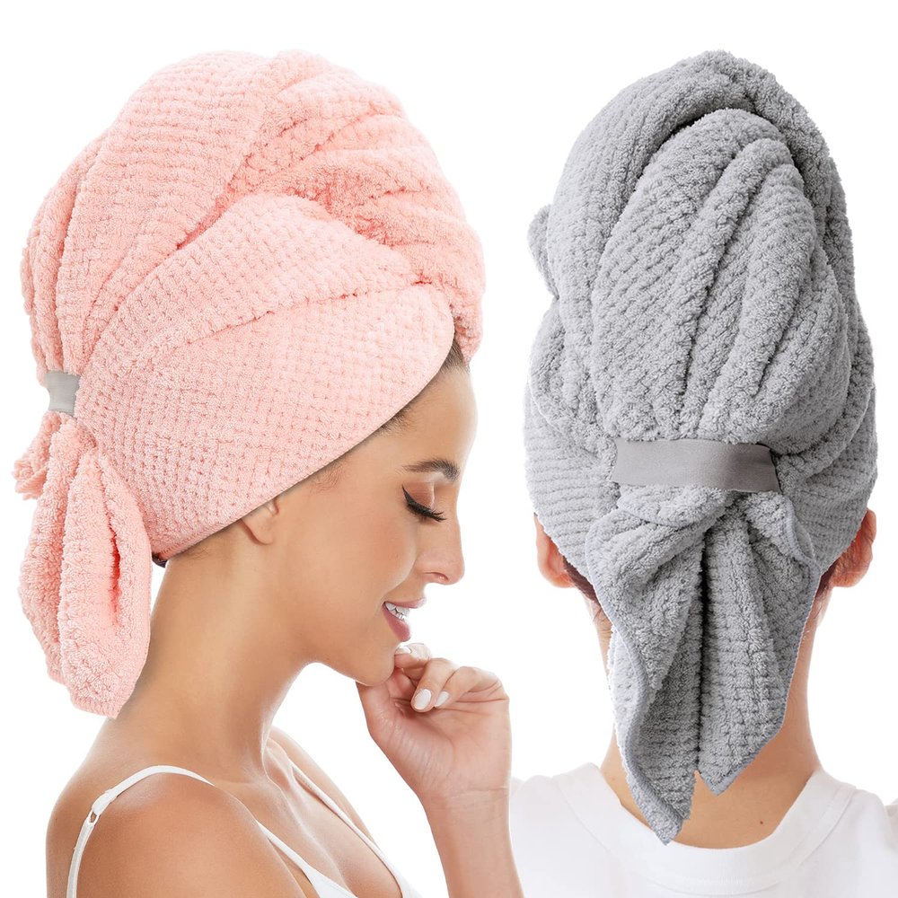 BYCOO 2 Pack Large Microfiber Hair Towel Wrap for Women, Anti Frizz Hair Drying Towels, Fast Dry Hair Turban - for Wet, Long, Thick, Curly Hair - Super Absorbent Soft Towels - Gray & Pink
