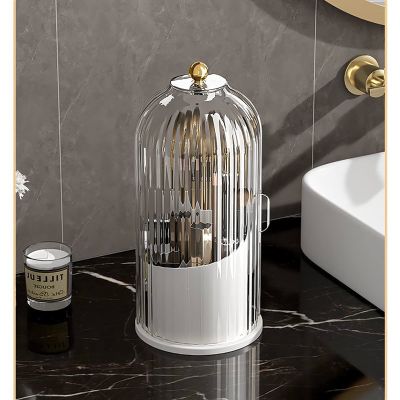 KQJS Makeup Brush Storage Box,360Rotating Bucket for Easy Access and Additional Storage for Dressing Table Items like Pen Holder,Lipsticks,and Dust-proof Cover Dividers (Transparent White)