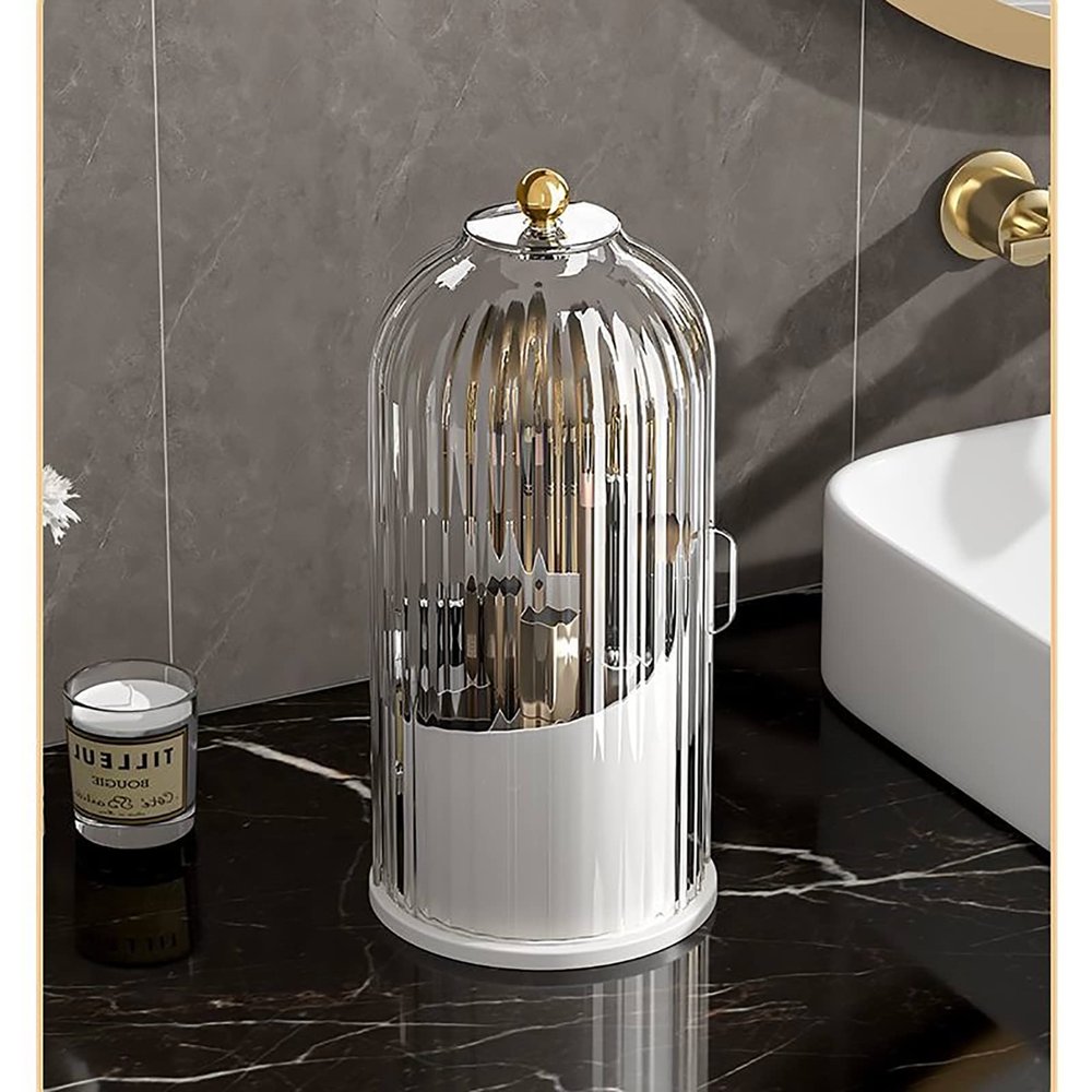 KQJS Makeup Brush Storage Box,360Rotating Bucket for Easy Access and Additional Storage for Dressing Table Items like Pen Holder,Lipsticks,and Dust-proof Cover Dividers (Transparent White)