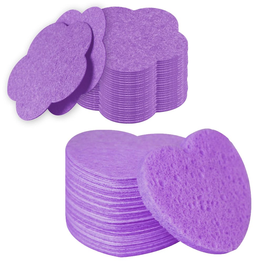 50 - Count Flower Compressed Facial Sponges + 50 - Count Heart Shape Face Sponge for Face Cleansing, 100 - Count Exfoliating Sponges for Cleansing Reusable in package,Best Makeup Gift, Purple