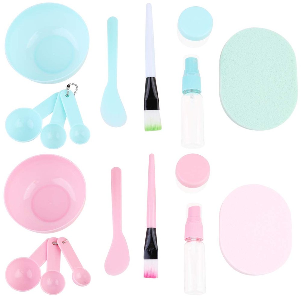ABOOFAN Face Mask Mixing Bowl Set 18Pcs DIY Facemask Mixing Tool Kit with Facial Mask Bowl Stick Spatula Silicone Brush Spray Bottle Puff Soaking Bottle Gauges (Pink+Green)