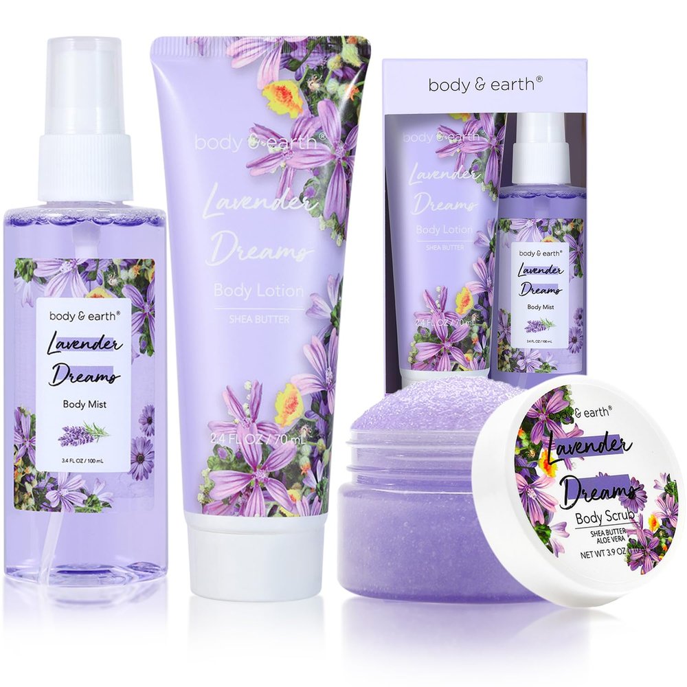 BODY & EARTH Body Mist Gift Set - Spa Gifts for Women, Perfume, Body Lotion, and Body Scrub in a Lavender Dreams Box- Perfect Birthday Gifts for Moms, and Special Occasions,Unique Gift Ideas for Her