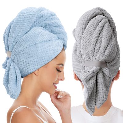 2 Pack Large Microfiber Hair Towel Wrap for Women, Anti Frizz Hair Drying Towel, Fast Dry Hair Turban for Wet Hair, Long, Thick, Curly Hair, Super Absorbent Soft Hair Towels (Blue & Gray)